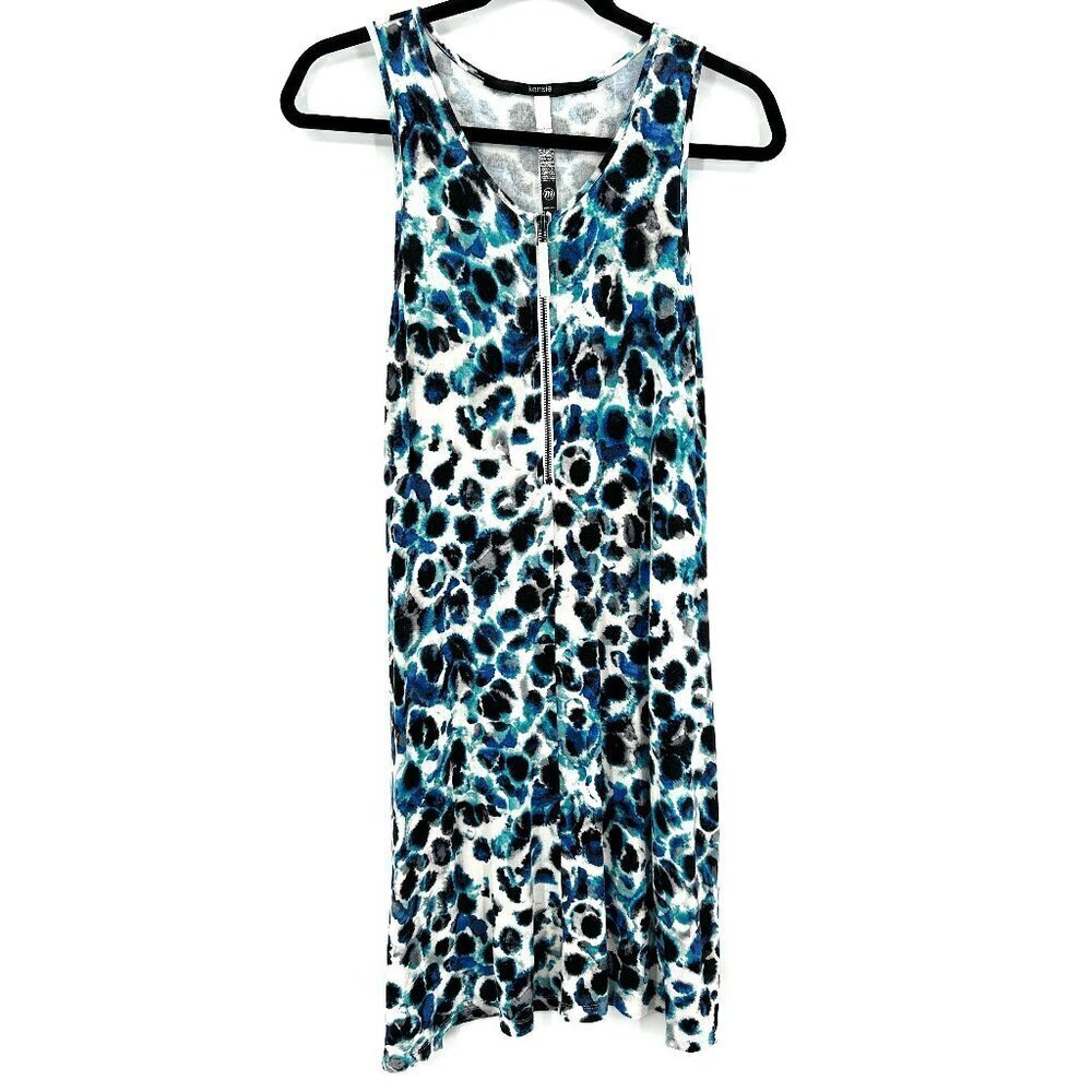 KENSIE White Black Blue Print Half Zip Sleeveless Shift Dress Size Medium
